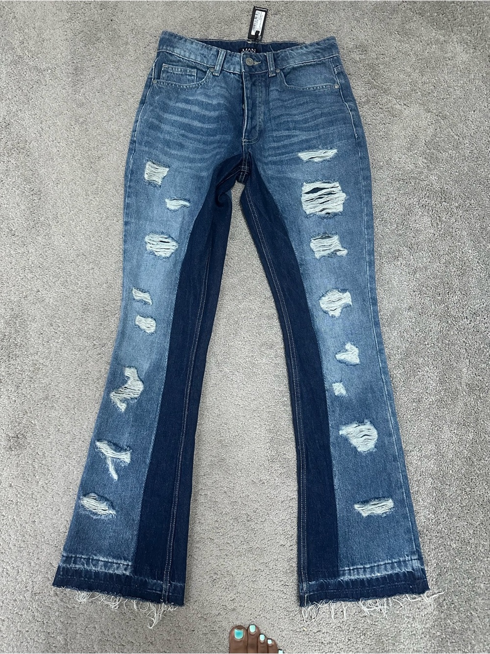 BOOHOOMAN Men's Two-Tone Distressed Blue Flare Jean